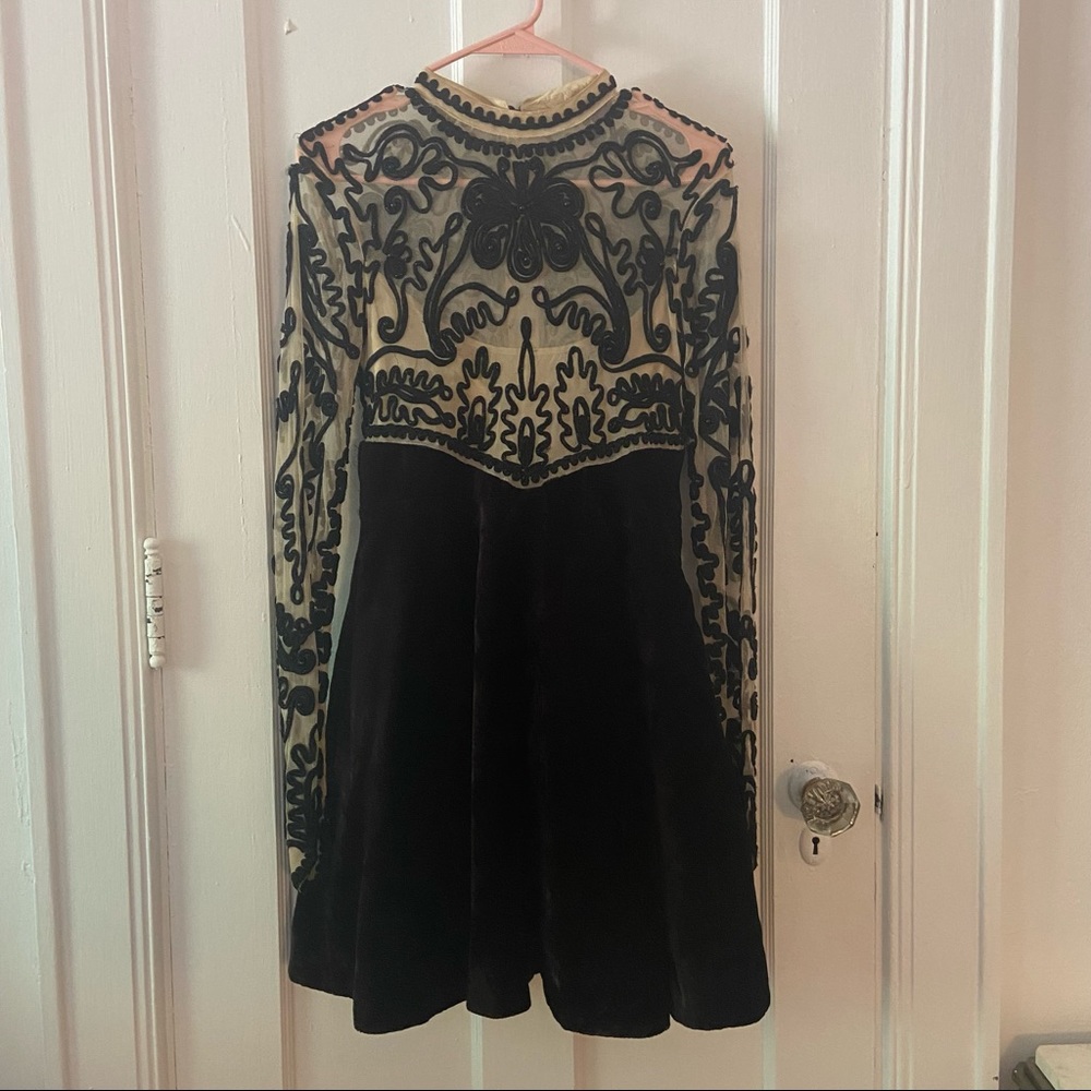 Free People Ginger Meadows Black Dress, Size 2, Velvet/Mesh, Beaded, Embroidered